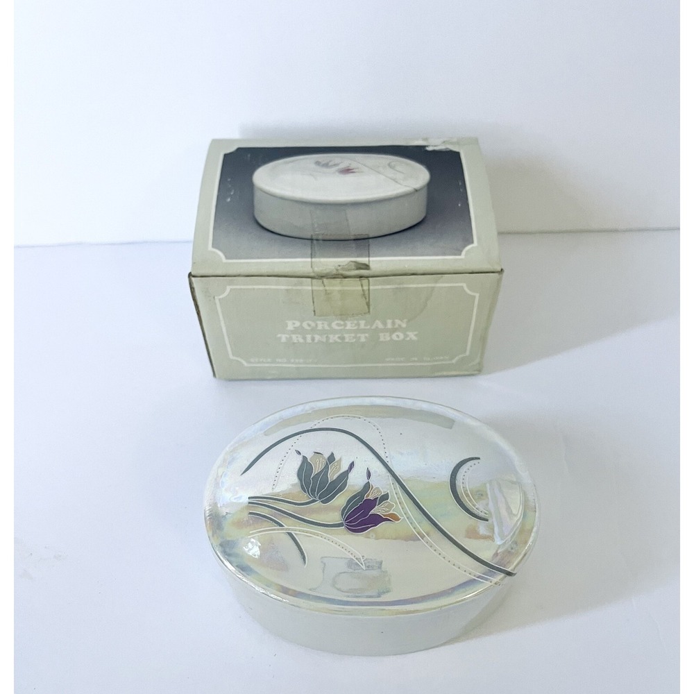 Vintage Porcelain White Floral‎ Trinket Jewelry Box Holder